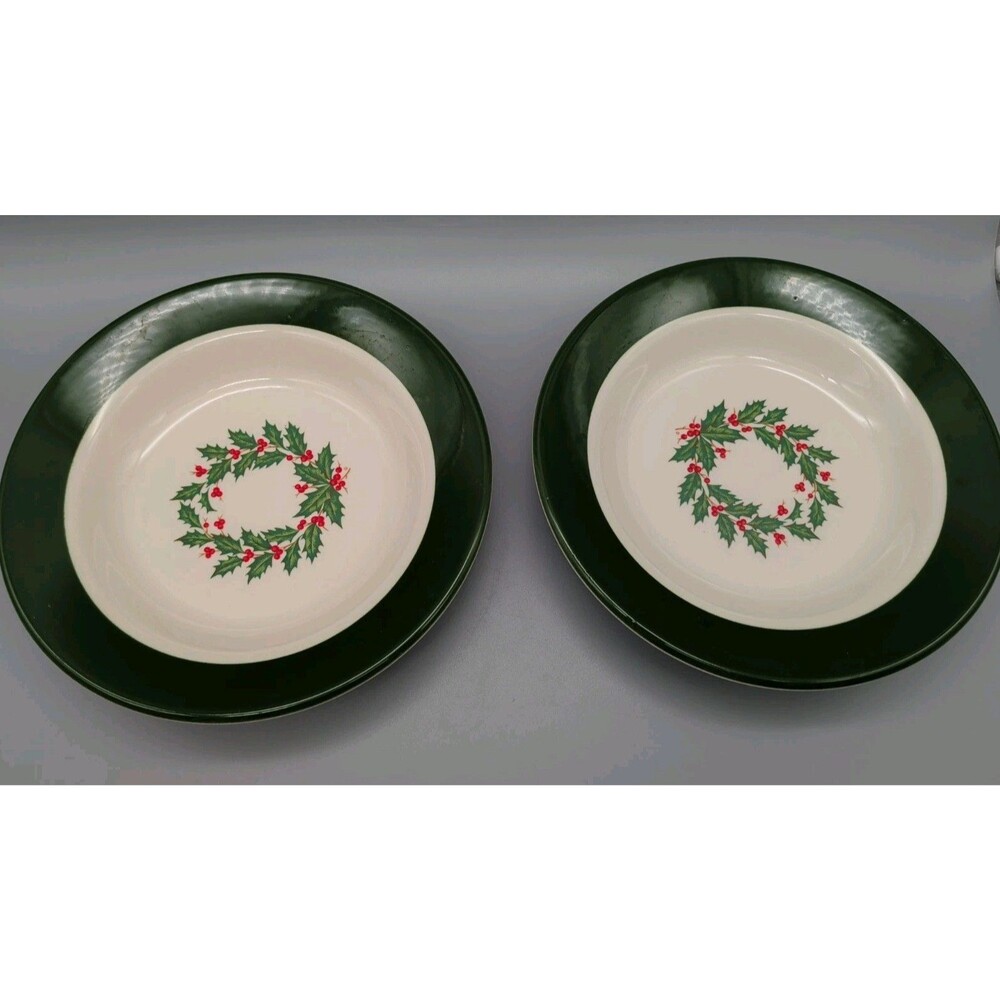 2 Vtg Homer Laughlin Holly Wreath Rimmed Soup Pasta Bowls Christmas Ironstone